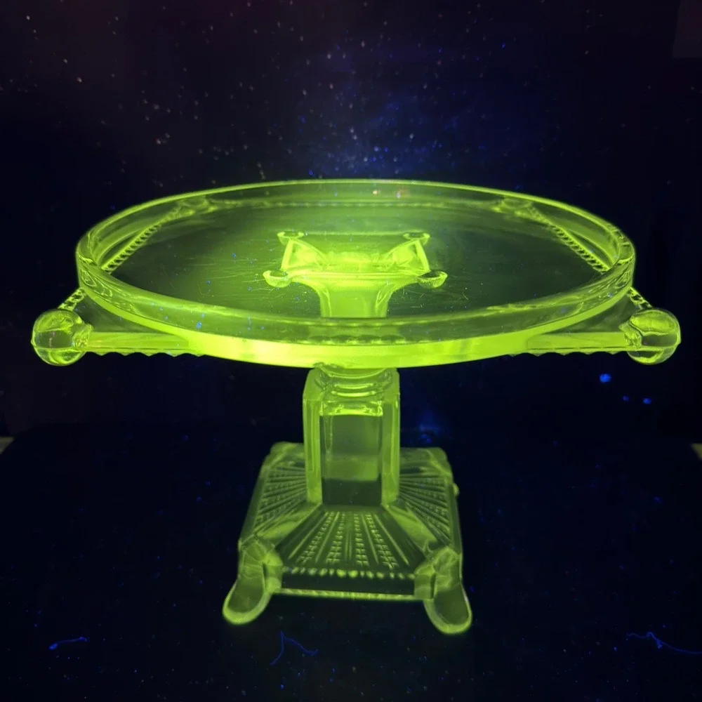 Antique Adams & Co Manganese Glow Glass Cake Stand 8in Tall 10in Wide Clear EAPG